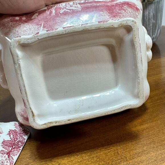 Vintage Gravy Boat Tureen Pink and White Transfer Ware Mushrooms Antique - Picture 9 of 13
